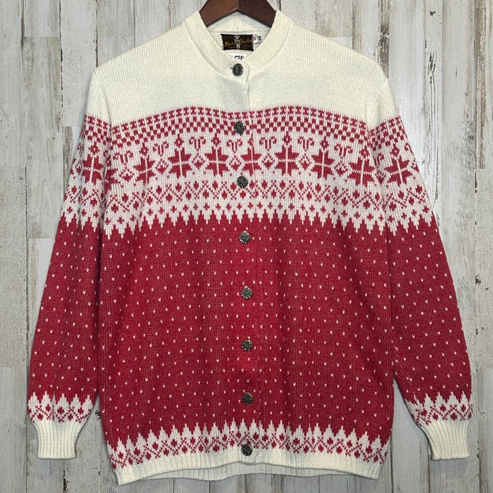 Vintage Fair Isle Cardigan Sweater Large Red Cream Made USA Chunky Cabincore EUC